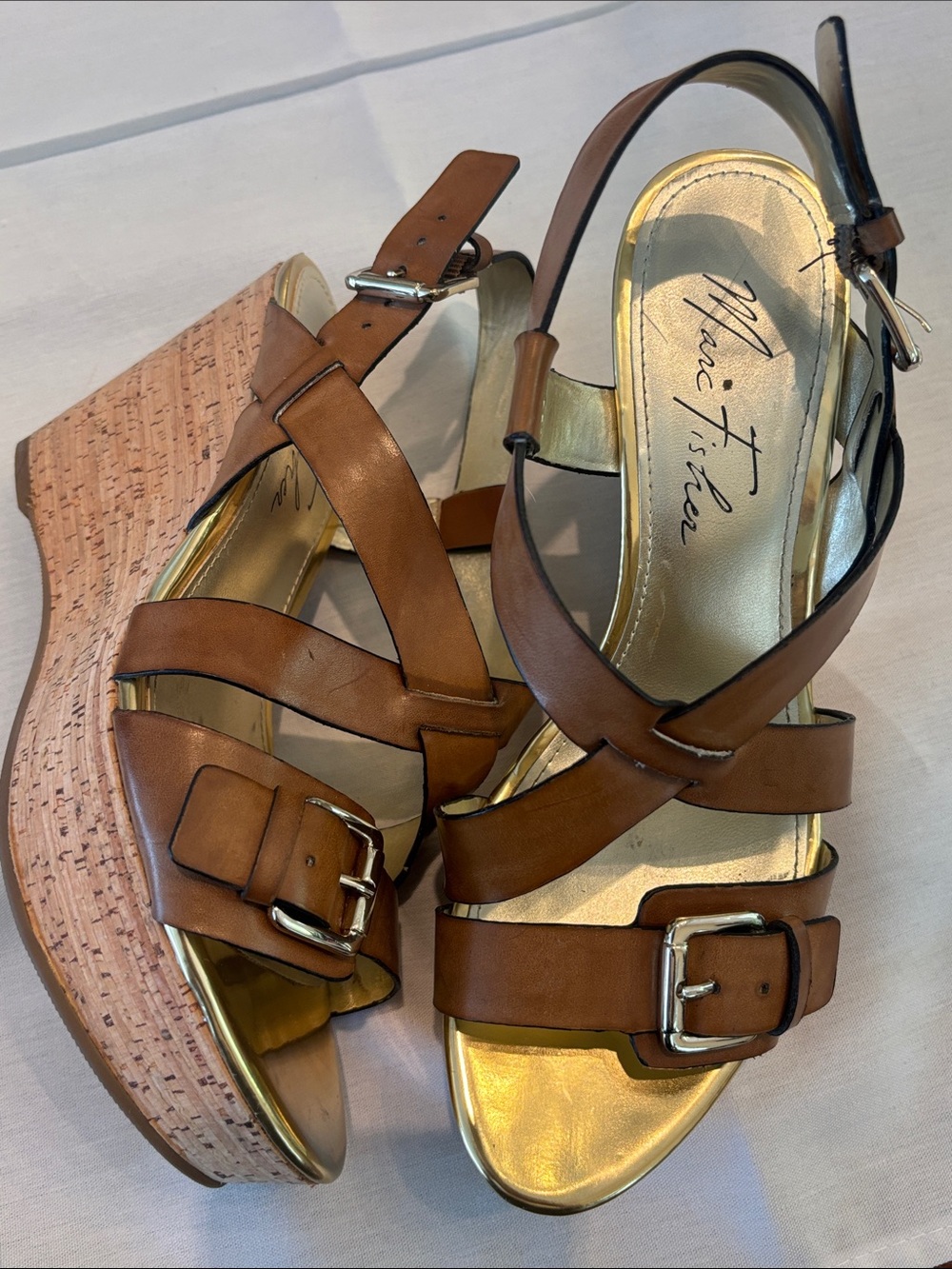 Marc Fisher Tan Leather Cork Wedge Sandals
